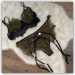 NEW 3-apiece Set of Bra Panties & Suspender Belt in Army Green Lace - Runs Small